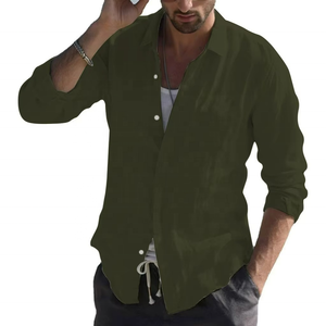 Chemises pour hommes en coton et lin de luxe, style rétro, col montant, cardigan décontracté à manches longues - Product Image 2