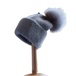 Gorro de Mohair de Invierno para Mujer, Gorro de Punto con Pompón, Suave, Color Azul Claro - Product Image 6
