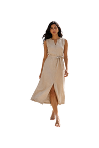 Robe midi sans manches en coton beige |   Robes d'été à boutons devant, coupe trapèze, avec ceinture |   Robe à col en V mandarin avec poches - Product Image 1