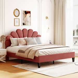 Letto matrimoniale imbottito con piattaforma e testiera in velluto rosso fagiolo con motivo floreale - Product Image 1