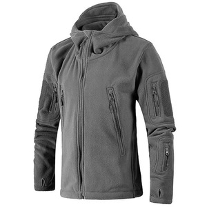 Chaqueta polar con capucha y múltiples bolsillos personalizada para hombre, gris, verde oliva, negro, con parche táctico en el brazo, cierre completo, abrigo cálido para exteriores - Product Image 3