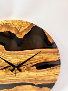 <b>Black</b> Epoxy & Olive Wood <b>Wall</b> <b>Clock</b>: Handmade Silent Art Decor - Product Image 4