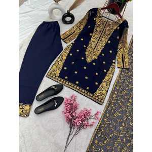 PANTALON DE TRAVAIL DE SÉQUENCE DE BRODERIE GEORGETTE À LA MODE AVEC DUPATTA BLEU MARINE - Product Image 4