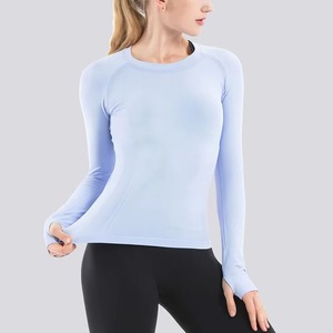 Camiseta Deportiva de Manga Larga para Mujer, Cuello Redondo, Secado Rápido, Tejido de Punto, Ajuste Delgado, Color Azul Claro - Product Image 1