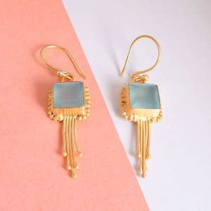 ต่างหูทรงหยดน้ำวินเทจประดับแคลซิโดนีสีน้ำเงินทรงสี่เหลี่ยมทำจากทองเหลืองชุบเงินสำหรับงานปาร์ตี้ - Product Image 2