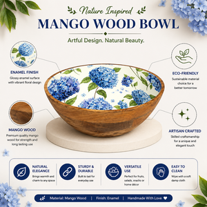 Bol de service en bois de manguier émaillé, motif floral d'hortensia bleu, fait main, sûr pour les aliments, bol à salade, à fruits, à collations, décoration de cuisine, cadeau - Product Image 5