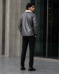 Veste en cuir PU pour homme avec col en fausse fourrure, fermeture éclair, vêtement d'hiver, coupe classique, couleur unie - Product Image 3