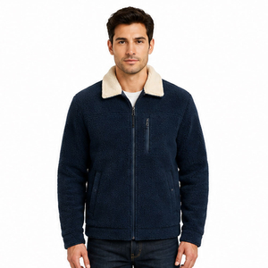 Custom <b>Mens</b> <b>Navy</b> Blue Sherpa Jacket Cream Turn Down Collar Full Zip <b>Fleece</b> Outerwear with Chest Zipper Pocket - Product Image 1