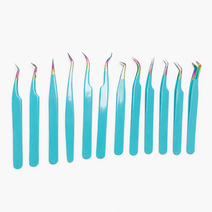 Kit professionnel de 12 pinces à épiler de précision pour extensions de cils, pointes arc-en-ciel avec poignées ergonomiques bleues - Product Image 3