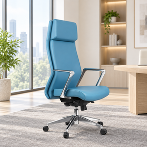 Fauteuil de bureau exécutif contemporain en cuir PU bleu avec accoudoirs réglables, base chromée, pivotant, design ergonomique - Product Image 1