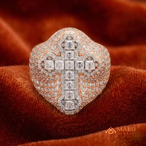 Mens Rose Gold Tone Moissanite Diamond <b>Cross</b> <b>Ring</b> Hip Hop Engagement & Wedding Gift Jewelry Modern Wear - Product Image 4