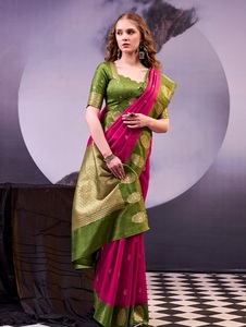 Sari indien traditionnel ethnique à broderies Zari pour les occasions de mariage et les événements festifs, tenue élégante et tendance pour femmes - Product Image 1