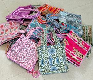 Colorful <b>Patchwork</b> Shopping <b>Bags</b> Medium Size Textile Tote With Top Handle Daily Use - Product Image 5
