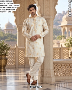 Ensemble pyjama kurta en coton blanc pour homme, broderie pêche et travail de sequins, haut ethnique traditionnel - Product Image 2