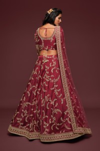 Burgundy Embroidered A-Line Floor-Length <b>Lehenga</b> Choli Set Silk Wedding Outfit Traditional Women Party Dress - Product Image 2