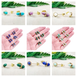 Double Point Malachite Gemstone Stud <b>Earrings</b> 11x5mm | 925 Sterling <b>Silver</b> Gold Plated <b>Women</b>’s Fashion <b>Earrings</b> Wholesale - Product Image 3
