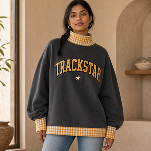 Charcoal Gray Women's Mock Neck Sweatshirt Mustard Gingham Trim Gold Varsity Applique <b>Star</b> Trackstar Custom OEM Pullover - Product Image 1