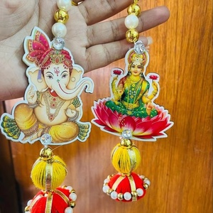 Lord Ganesha and Goddess Lakshmi Traditional Artistry Shimmering Gold <b>Beads</b> Handcrafted Hanging For Home Decor - Product Image 1