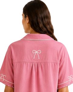 Ensemble de pyjama personnalisé rose pour femme, manches courtes, boutonné, avec broderie nœud mignon, doux et respirant, idéal pour l'été - Product Image 6