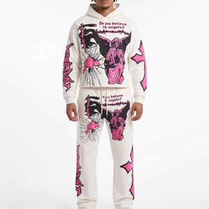 Nuevo Conjunto Deportivo con Capucha Blanca para Hombre, con Estampado de Ángel Rosa, Manga Larga, Corte Holgado, Estilo Urbano, para Otoño, con Cierre de Cordón Lateral - Product Image 1
