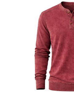 Sweat-shirt Henley à manches longues pour homme, délavé à l'acide, rouge bordeaux, col boutonné, style décontracté avec poche, vêtement d'hiver en coton, coupe ajustée - Product Image 3