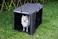 Großer Moderner Doppeltüriger Faltbarer Hundezwinger mit Griff Metallgitterbox Kunststoffwanne Wasserdichte Box Verpackt für Größere Hunde