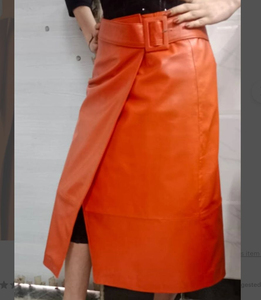 Women <b>High</b> Waist Orange PU Leather Wrap Skirt <b>Knee</b>-Length Solid Color Belted Design All Seasons Style - Product Image 2
