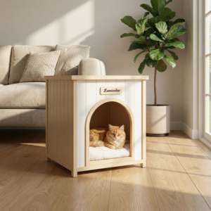 Maison pour animaux de compagnie en bois de cèdre massif moderne, couleur blanc crème et jaune clair, pour petits chiens et chats, meubles de salon - Product Image 1