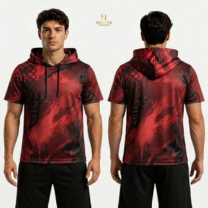 เสื้อฮู้ดแขนสั้นสีขาวแดงลายชนเผ่า โพลีเอสเตอร์ ระบายอากาศ แห้งเร็ว เหมาะสำหรับออกกำลังกายและสวมใส่ลำลองแฟชั่นสตรีทแวร์สำหรับผู้ชาย - Product Image 6
