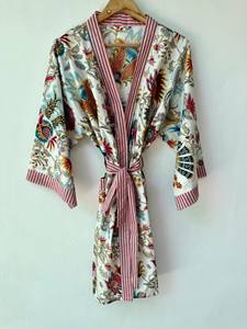 Kimono largo de algodón indio con estampado de pájaros hecho a mano para mujer, cuello en V, manga larga, estilo bohemio, para estar en casa, verano y primavera - Product Image 5