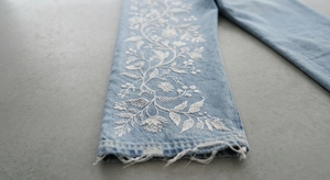 Custom Logo Ladies Stretch Light Wash <b>Embroidered</b> Floral Straight Leg <b>Jeans</b> with Frayed Hem Casual Wear - Product Image 6