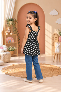 Blusa sin mangas con cuello cuadrado y volantes para niñas, blusa bonita con estampado geométrico negro, para verano - Product Image 3