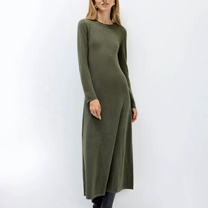 เดรสไหมพรมสีเขียวมะกอกเข้มทรงเอ สไตล์ลำลอง แขนยาว ใส่ได้ทุกวัน ใส่ทำงานได้ ยืดหยุ่นได้  สำหรับผู้หญิง - Product Image 1