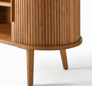 Meuble TV moderne minimaliste en teck massif avec porte coulissante et étagère ouverte, meuble de salon scandinave - Product Image 5