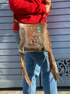 Nuevo Bolso bandolera con flecos de cuero de vaca auténtico, bolso de piedra turquesa bohemio occidental, bolso de cuero genuino para mujer - Product Image 3