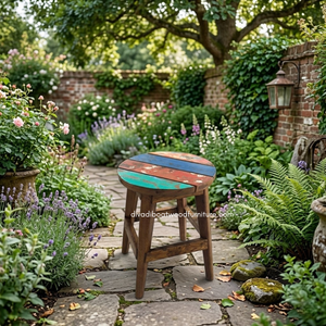 Tabouret artisanal rond avec espace de rangement en bois de bateau recyclé couleur naturelle pour l'extérieur, le jardin et la maison - Product Image 3