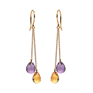 Boucles d'oreilles pendantes en améthyste naturelle et citrine en or jaune massif 18 carats – Chaîne à plusieurs niveaux avec pierres précieuses, crochets pendulants, pour les naissances de février - Product Image 1