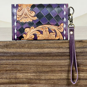 New Arrival Purple & Black Tooled Checkered Leather Cute Wallet Trendy Floral Design ATM Card Holder Women Long Clutch for Gifts - Product Image 5