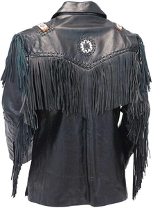 Men's Black Genuine Leather <b>Jacket</b> With Fringe And Hand Embroidery Vintage <b>Western</b> Style Turn-down Collar Regular Fit - Product Image 4