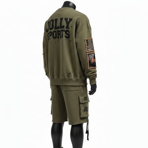 Ensemble sweat-shirt et short cargo en molleton de coton brossé 400 GSM pour homme, couleur olive, logo graphique personnalisé - Product Image 5