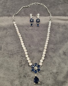 Floral Pattern Center Piece American Diamond Pear Drop Shape Accent Necklace <b>Set</b> With Dangle Earrings Festive Party Wear Jewelry - Product Image 4