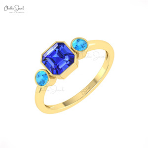 Anillo de Tres Piedras con Tanzanita y Topacio Azul Suizo de 2 CTW en Oro Sólido de 14k, Joyería para Aniversario de Bodas, Gran Venta - Product Image 5