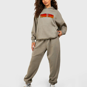 Ensemble de survêtement 2 pièces pour femme, en coton 100%, avec logo personnalisé OEM, broderie en dentelle, coupe oversize, idéal pour l'hiver et le sport - Product Image 1