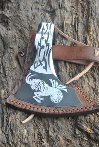 UMAR FAROOQ Handmade High Carbon Steel <b>Axe</b> Head Etching Premium Leather Sheath Hatchet Custom Wood <b>Handle</b> 0.6kg Outdoor Camping - Product Image 6