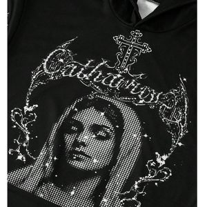 เสื้อฮู้ดดี้ลายกราฟิกสไตล์โกธิคประดับเพชรเทียมสำหรับผู้ชาย Y2K ลายพระแม่มารี ทรงโอเวอร์ไซส์ เสื้อสเวตเชิ้ตคุณภาพสูง หนานุ่ม สตรีทแวร์ ขายส่ง - Product Image 3