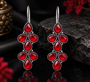 Boucles d'oreilles pendantes longues en argent oxydé avec pierre rouge, style mode, pour femmes, bijoux en gros - Product Image 6