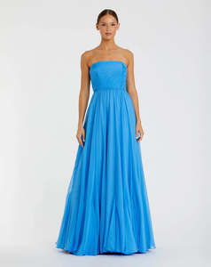 Robe de soirée longue en satin bleu sans bretelles, ornée de perles, anti-plis, taille naturelle, style vintage - Product Image 1