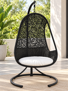 <b>Outdoor</b> Hanging <b>Egg</b> <b>Chair</b> PE Rattan Black With White Cushion Contemporary Patio Swing Seat 1 Person - Product Image 6