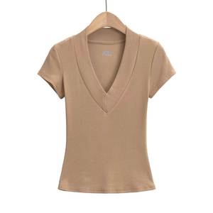 Women's V-Neck Short Sleeve Slim Fit <b>Woolen</b> Logo Print Patchwork T-Shirt Solid Color Casual Breathable Regular Length All - Product Image 6