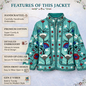 Chaqueta Bomber de Algodón Floral Hecha a Mano, Manga Larga, Cuello Alto, Bordado Kashmirí, Chaqueta para Mujer - Product Image 4